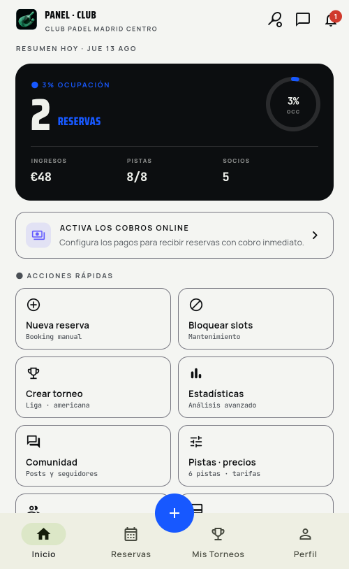 Panel real de administración del club: reservas, ocupación y accesos a comunidad y torneos