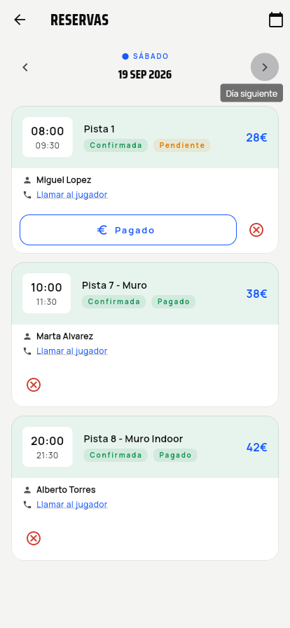 Ampliar la lista de reservas del club con su estado de pago
