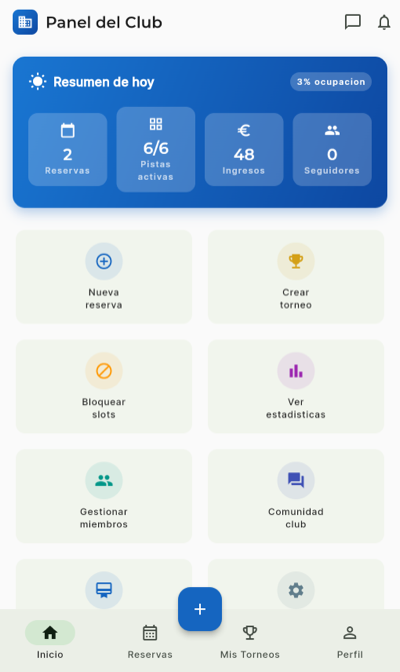 Padel Clubber — Panel del Club