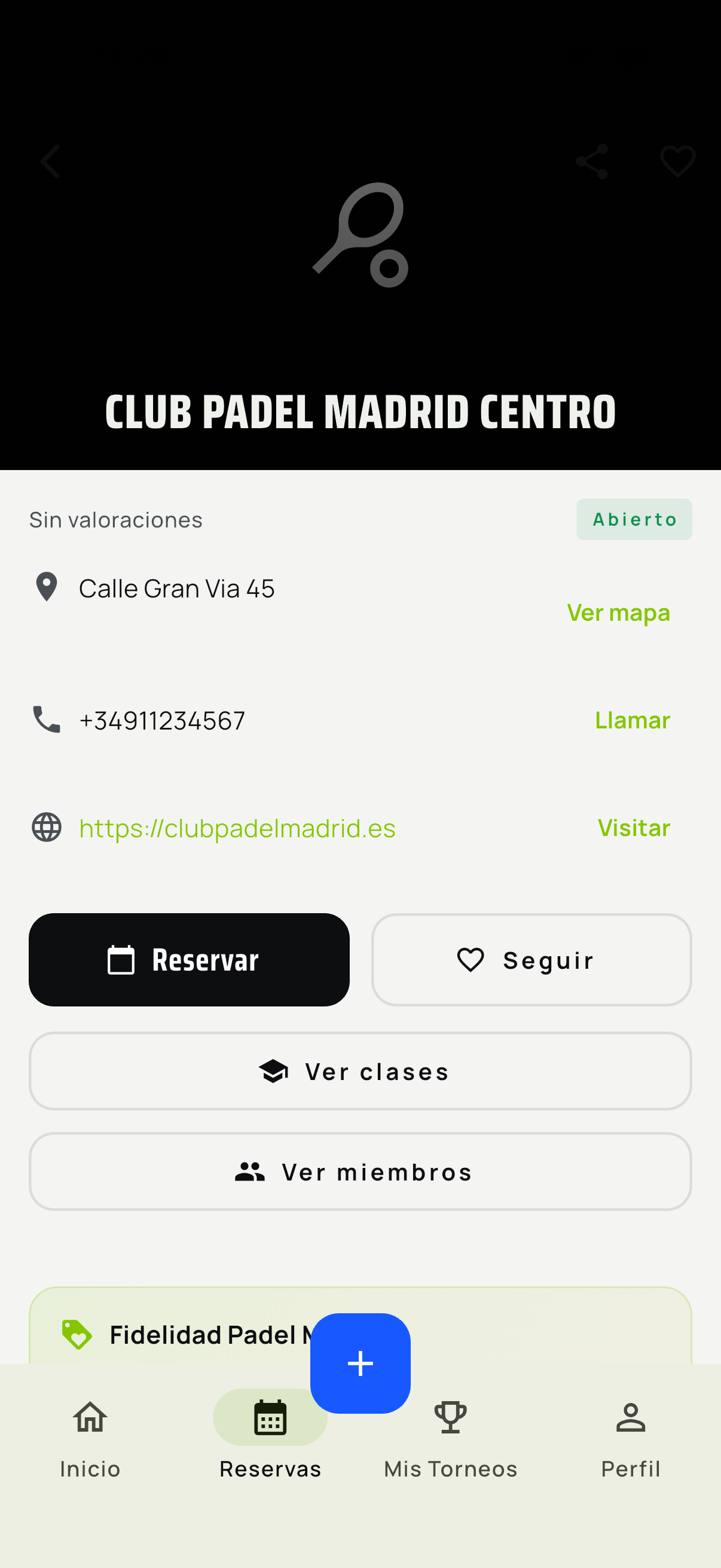 Ficha del club con reserva, clases, miembros y programa de fidelidad