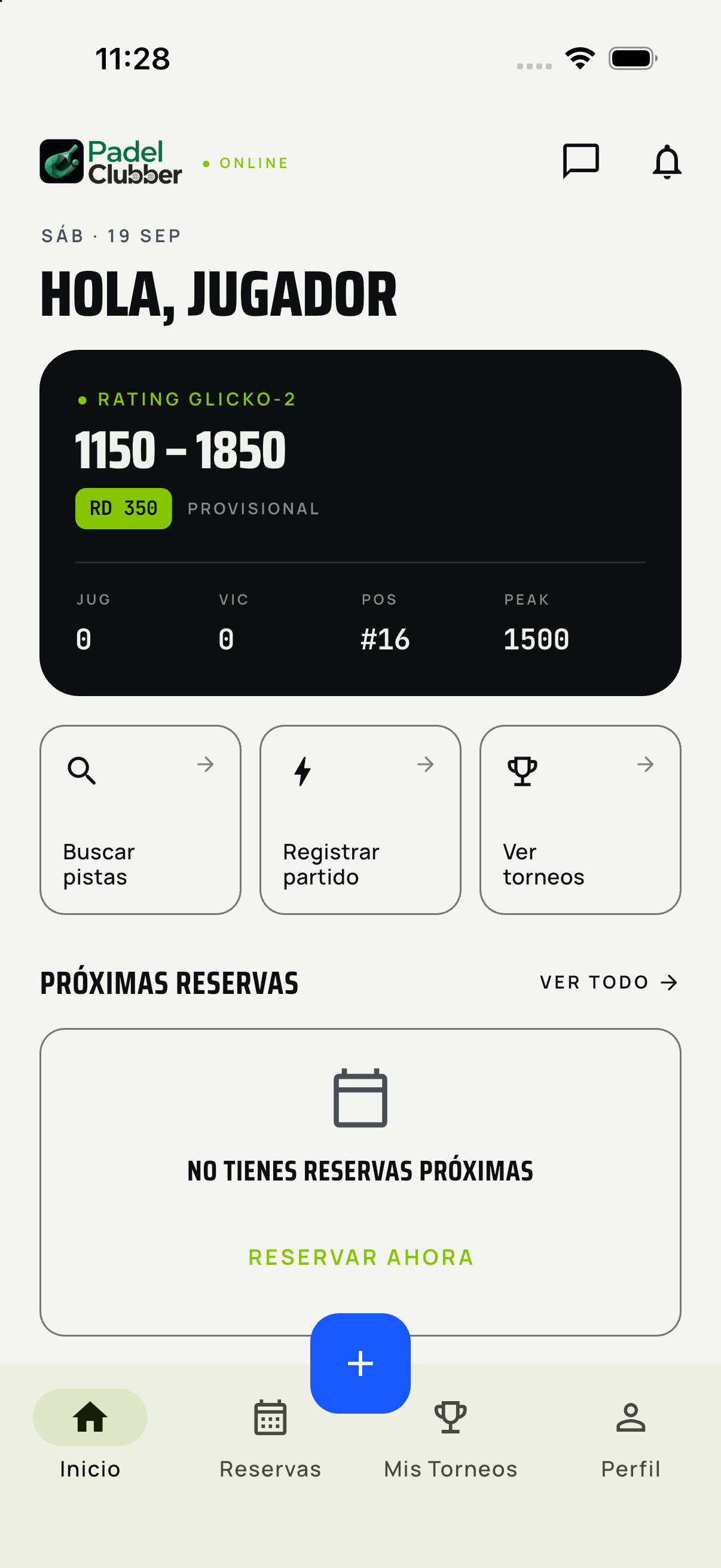 Inicio de Padel Clubber: tarjeta de rating, accesos a pistas, registro de partidos y torneos