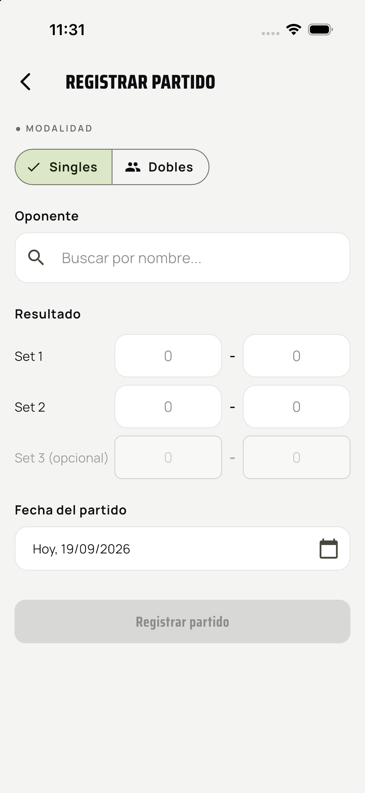 Formulario real de registro de partido con oponente y resultado por sets