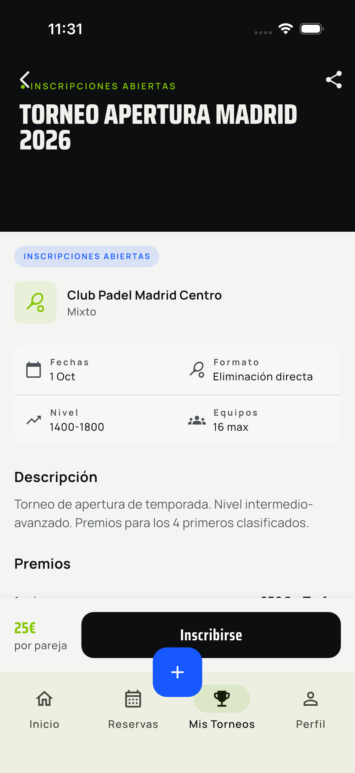 Detalle de un torneo con fechas, nivel, formato y precio por pareja