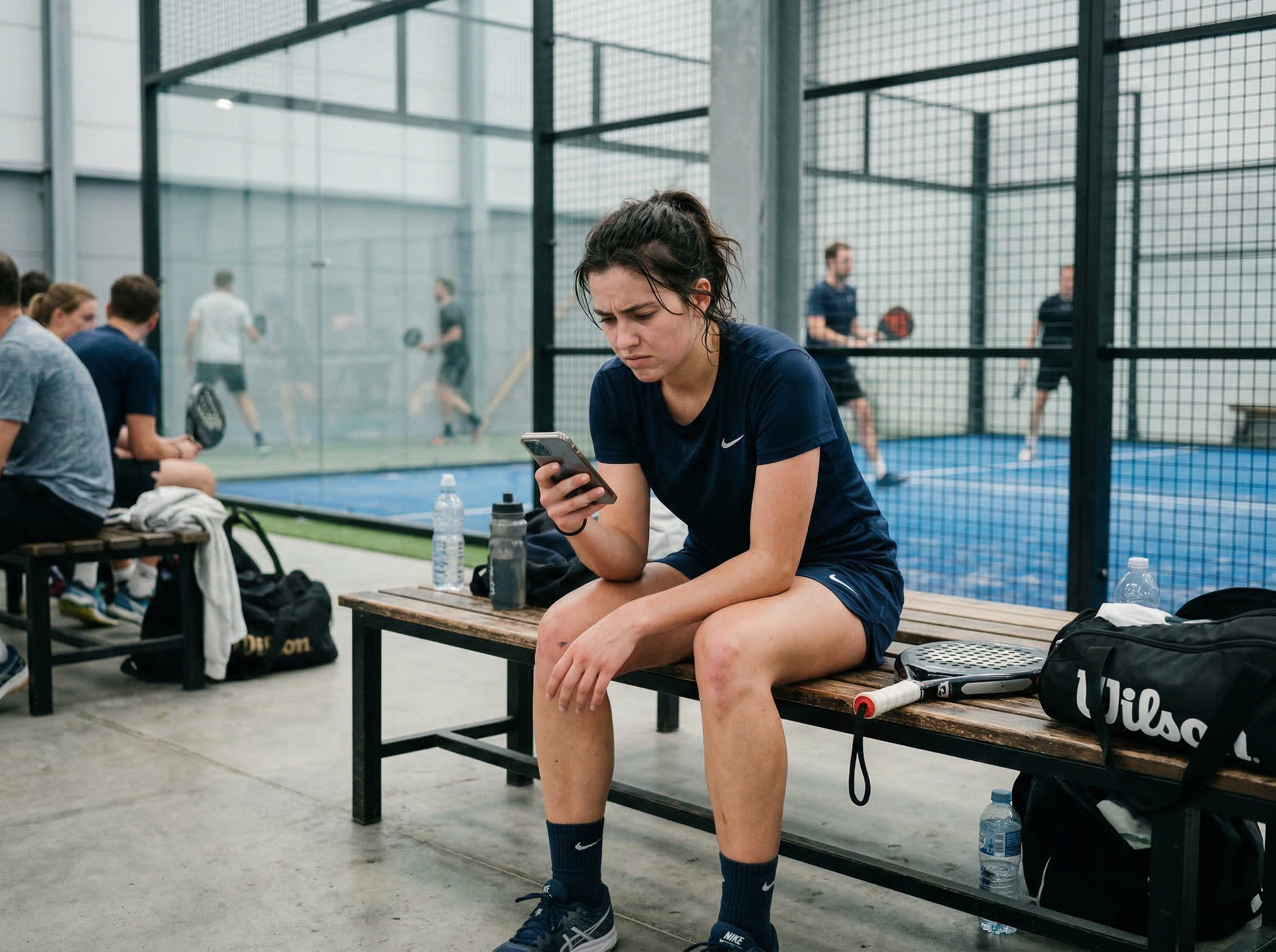 Jugadora frustrada mirando el movil en el banquillo de la pista